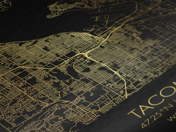 Tacoma Washington City Poster, Metallic Gold Art, Metal Art, real wood frames, black and gold, Map Art, Best Friend Gifts