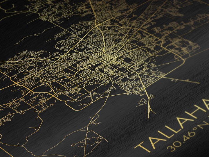 Tallahassee Florida City street map, Metallic Gold Print, Metal Art, wood framed map, black and gold, Gold Street Map Art, Modern Wall Art
