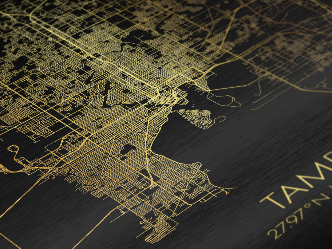 Tampa Florida City Poster, Metallic Gold Art, Metal Art, real wood frames, black and gold, Street Map Wall Art, Closing Gift