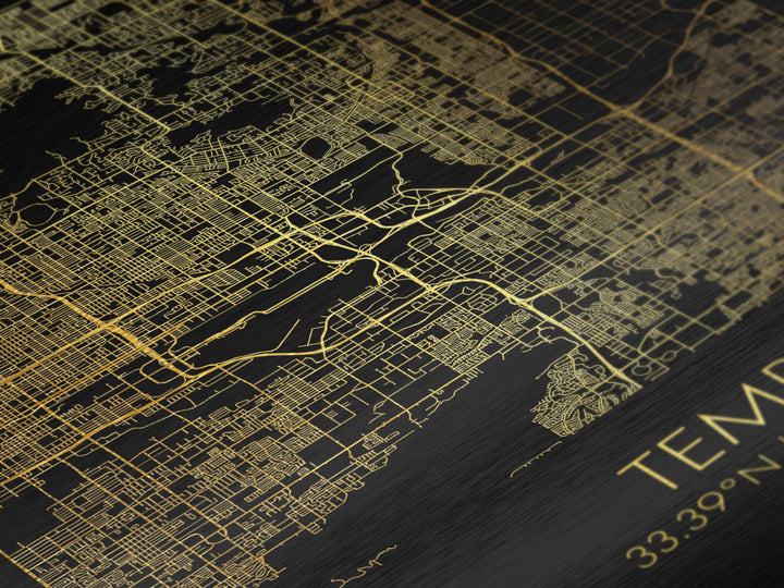 Tempe Arizona City street map, Metallic Gold Print, Metal Art, wood framed map, black and gold, Map Art, Housewarming Gift