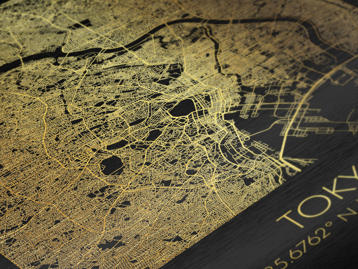Tokyo Japan City Poster, Metallic Gold Art, Metal Art, real wood frames, black and gold, Gold Street Map Art, Modern Wall Art