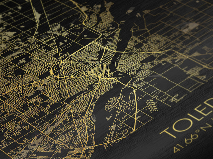 Toledo Ohio City street map, Metallic Gold Print, Metal Art, wood framed map, black and gold, Minimalist Wall Art, College Dorm Décor