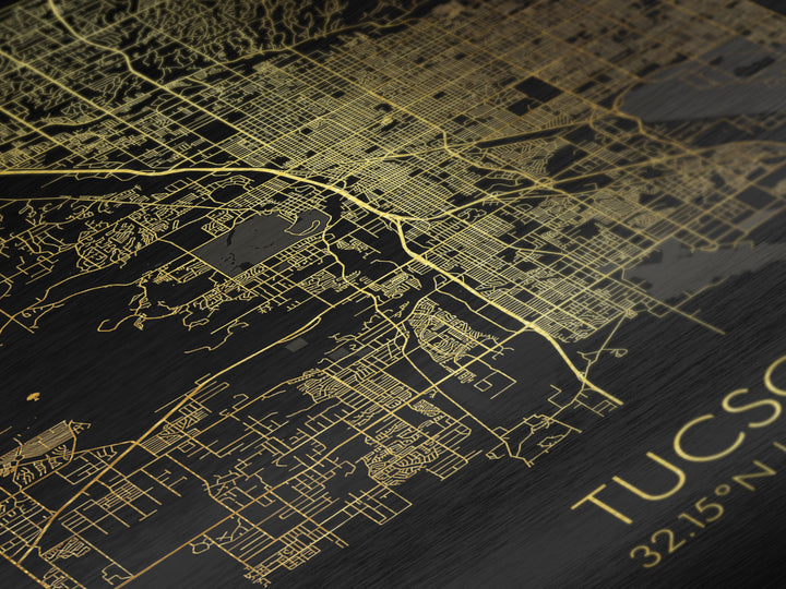 Tucson Arizona City street map, Metallic Gold Print, Metal Art, wood framed map, black and gold, Map Art, Office Decor