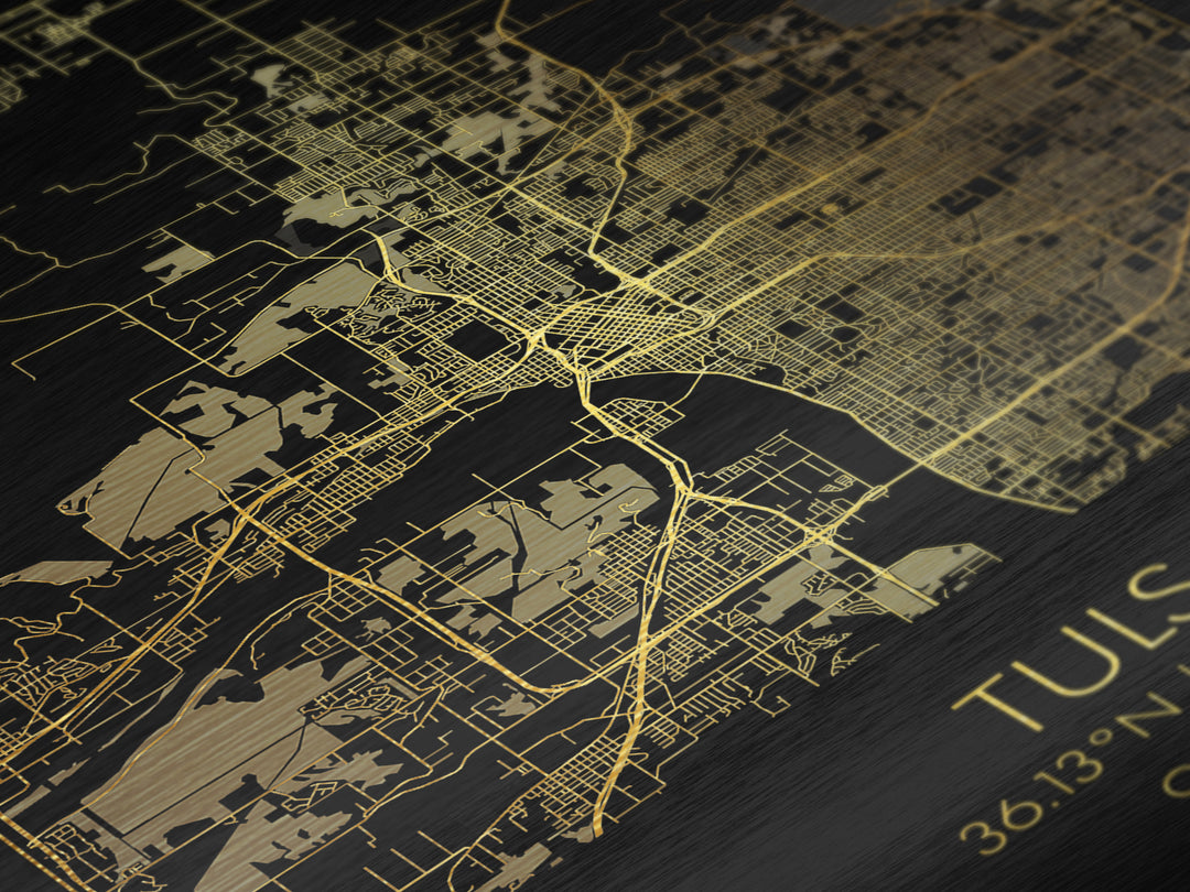 Tulsa Oklahoma City Poster, Metallic Gold Art, Metal Art, real wood frames, black and gold, Map Art, Best Friend Gifts