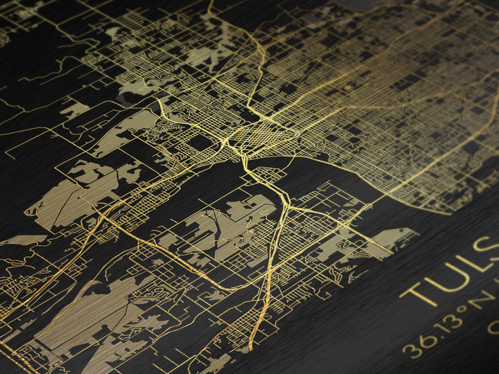 Tulsa Oklahoma City Poster, Metallic Gold Art, Metal Art, real wood frames, black and gold, Map Art, Best Friend Gifts