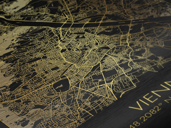 Vienna Austria City street map, Metallic Gold Print, Metal Art, wood framed map, black and gold, Gold Street Map Art, Modern Wall Art