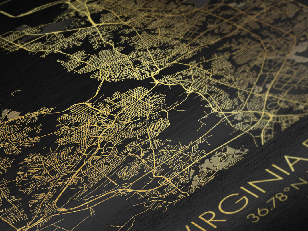 Virginia Beach Virginia City Poster, Metallic Gold Art, Metal Art, real wood frames, black and gold, Minimalist Wall Art, Map Print Poster