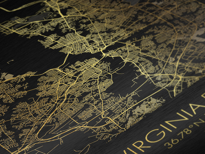 Virginia Beach Virginia City Poster, Metallic Gold Art, Metal Art, real wood frames, black and gold, Minimalist Wall Art, Map Print Poster