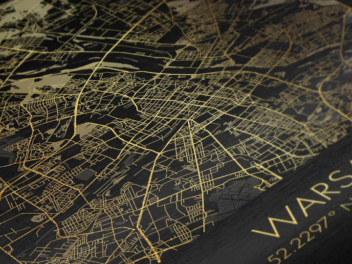 Warsaw Poland City street map, Metallic Gold Print, Metal Art, wood framed map, black and gold, Street Map Art, Office Decor