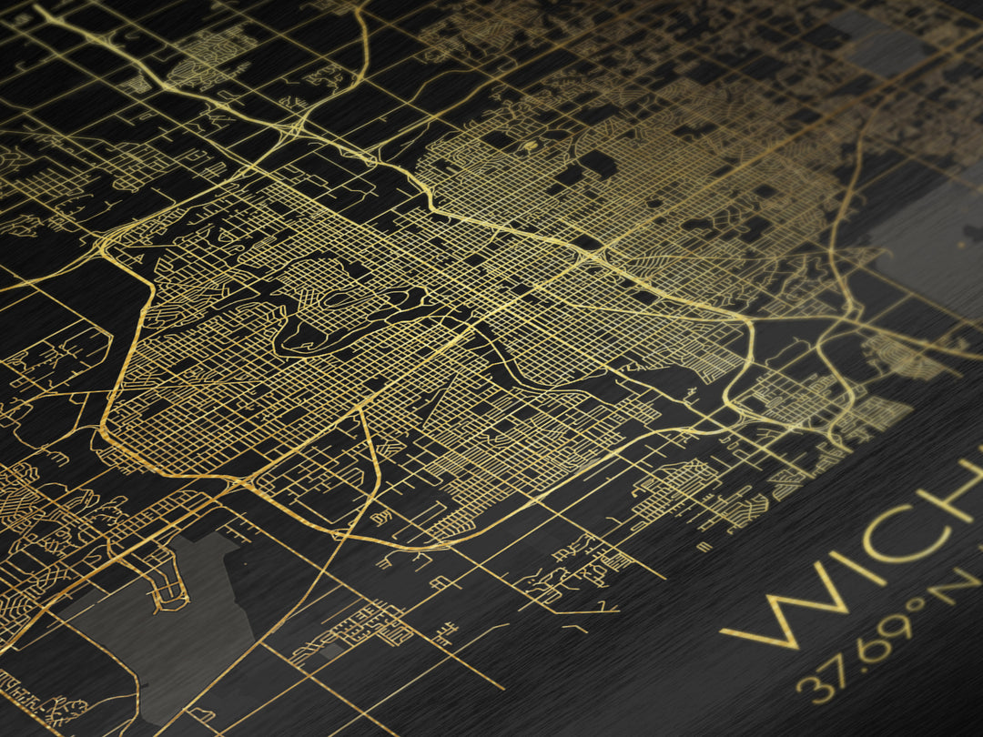 Wichita Kansas City street map, Metallic Gold Print, Metal Art, wood framed map, black and gold, Gold Street Map Art, Modern Wall Art