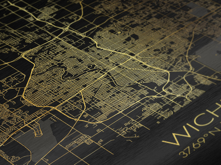 Wichita Kansas City street map, Metallic Gold Print, Metal Art, wood framed map, black and gold, Gold Street Map Art, Modern Wall Art