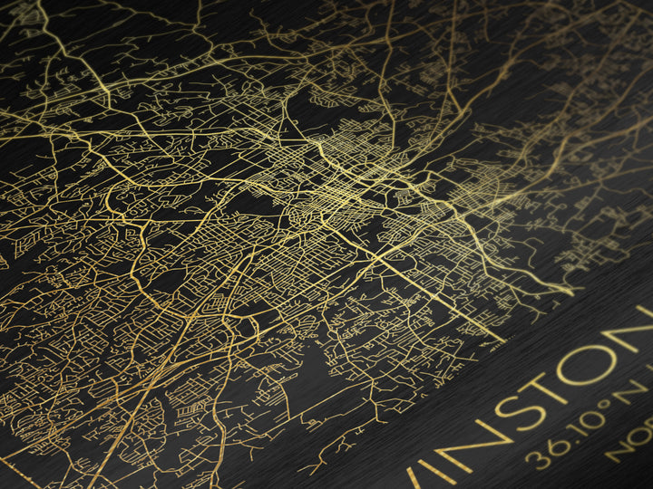 Winston-Salem North Carolina City Poster, Metallic Gold Art, Metal Art, real wood frames, black and gold, Street Map Wall Art, Closing Gift