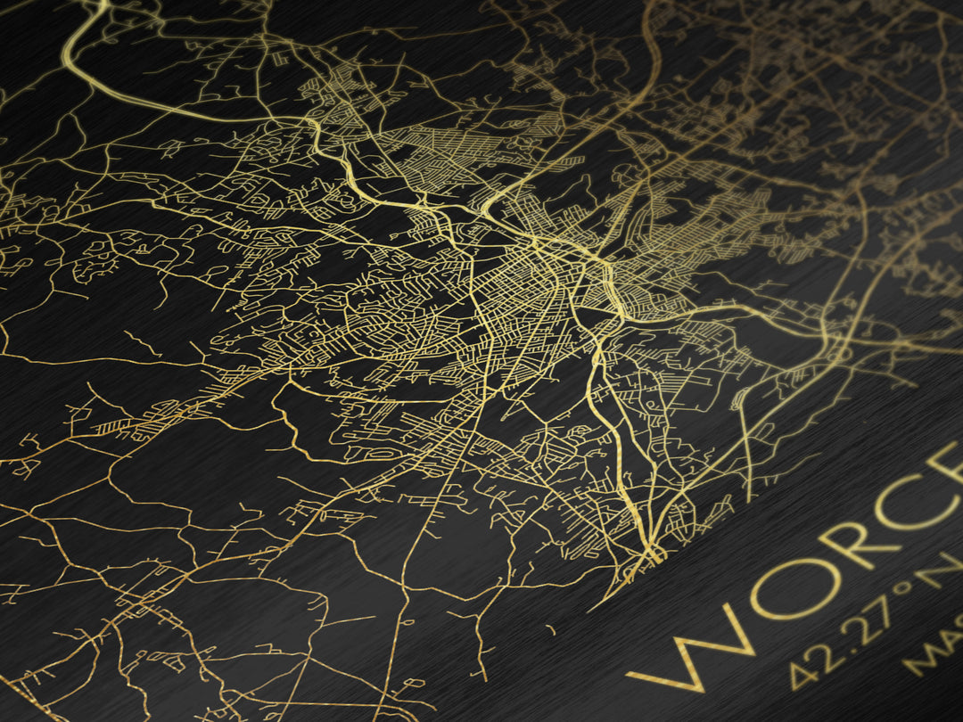 Worcester Massachusetts City street map, Metallic Gold Print, Metal Art, wood framed map, black and gold, Map Art, Housewarming Gift