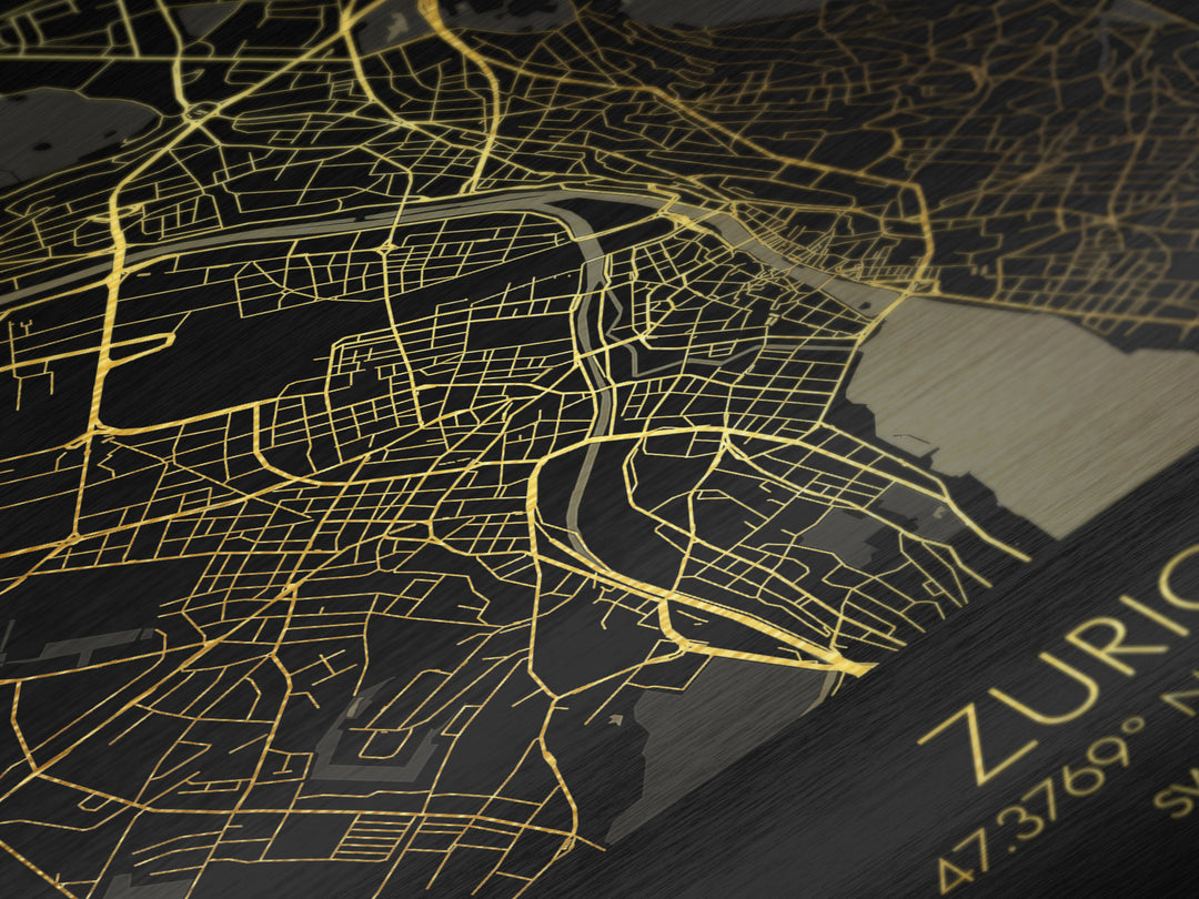 Zurich Switzerland City street map, Metallic Gold Print, Metal Art, wood framed map, black and gold, Minimalist Wall Art, College Dorm Décor