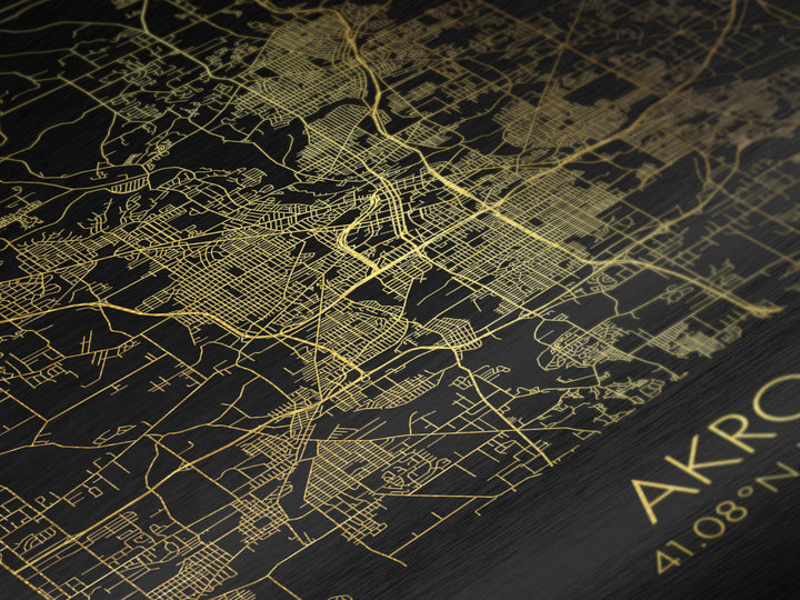 Akron Ohio City Poster, Metallic Gold Art, Metal Art, real wood frames, black and gold, Street Map Art, Modern House Art