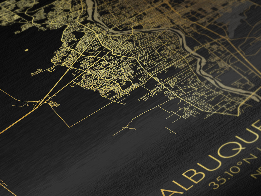 Albuquerque New Mexico City street map, Metallic Gold Print, Metal Art, wood framed map, black and gold, Map Art, Office Decor