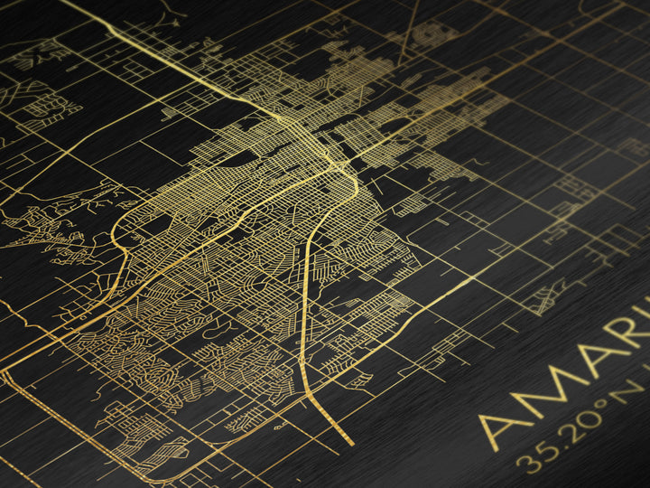 Amarillo Texas City Poster, Metallic Gold Art, Metal Art, real wood frames, black and gold, Map Art, Best Friend Gifts