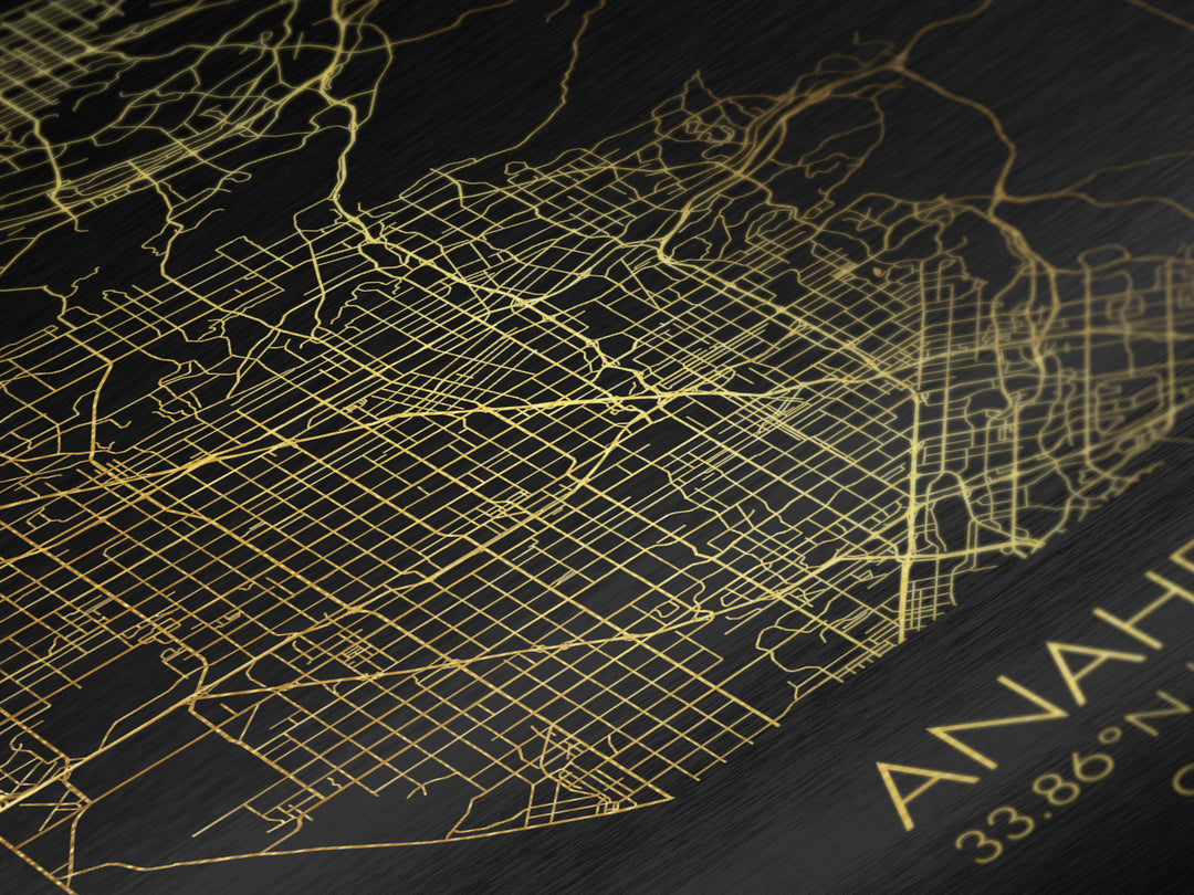 Anaheim California City street map, Metallic Gold Print, Metal Art, wood framed map, black and gold, Gold Street Map Art, Modern Wall Art