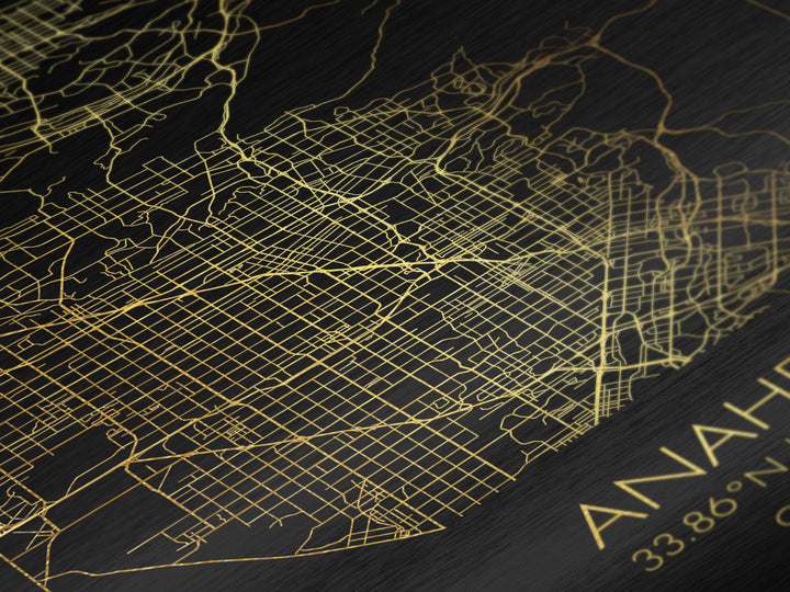 Anaheim California City street map, Metallic Gold Print, Metal Art, wood framed map, black and gold, Gold Street Map Art, Modern Wall Art