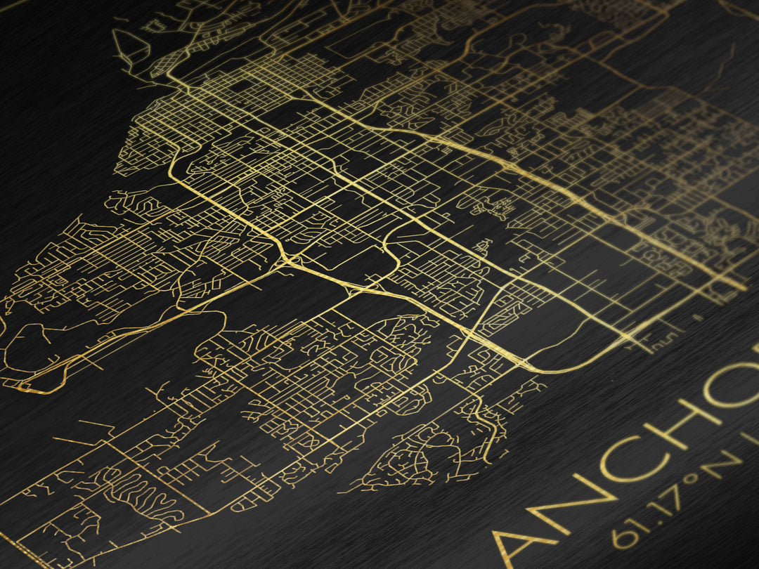 Anchorage Alaska City Poster, Metallic Gold Art, Metal Art, real wood frames, black and gold, Minimalist Wall Art, Map Print Poster