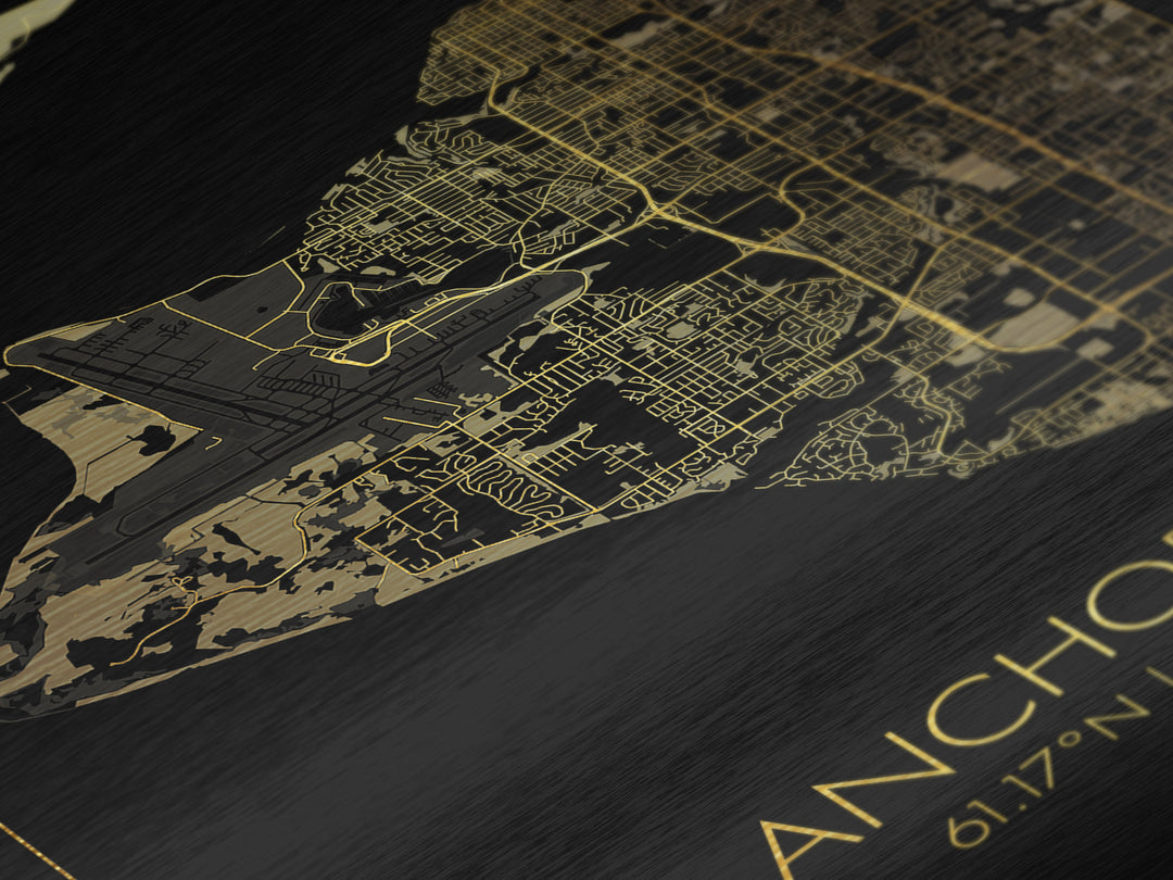 Anchorage Alaska City street map, Metallic Gold Print, Metal Art, wood framed map, black and gold, Street Map Art, Office Decor