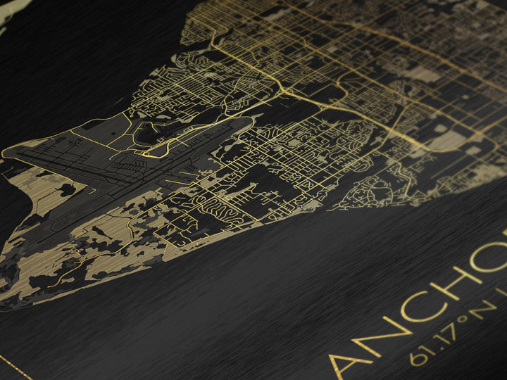 Anchorage Alaska City street map, Metallic Gold Print, Metal Art, wood framed map, black and gold, Street Map Art, Office Decor