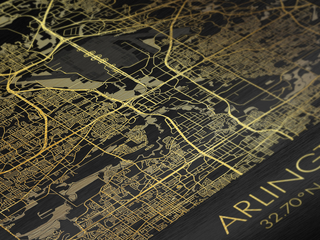 Arlington Texas City Poster, Metallic Gold Art, Metal Art, real wood frames, black and gold, Map Art, Best Friend Gifts