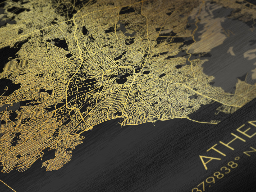 Athens Greece City street map, Metallic Gold Print, Metal Art, wood framed map, black and gold, Gold Street Map Art, Modern Wall Art