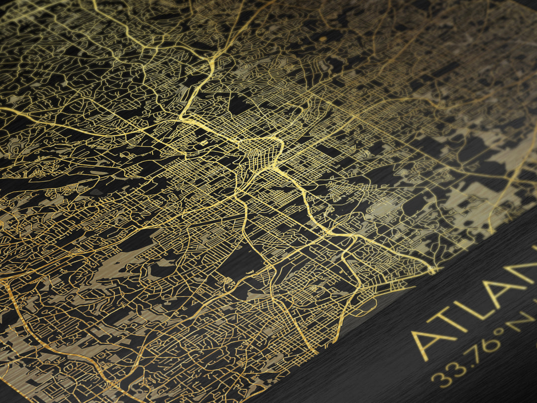 Atlanta Georgia City Poster, Metallic Gold Art, Metal Art, real wood frames, black and gold, Street Map Wall Art, Closing Gift