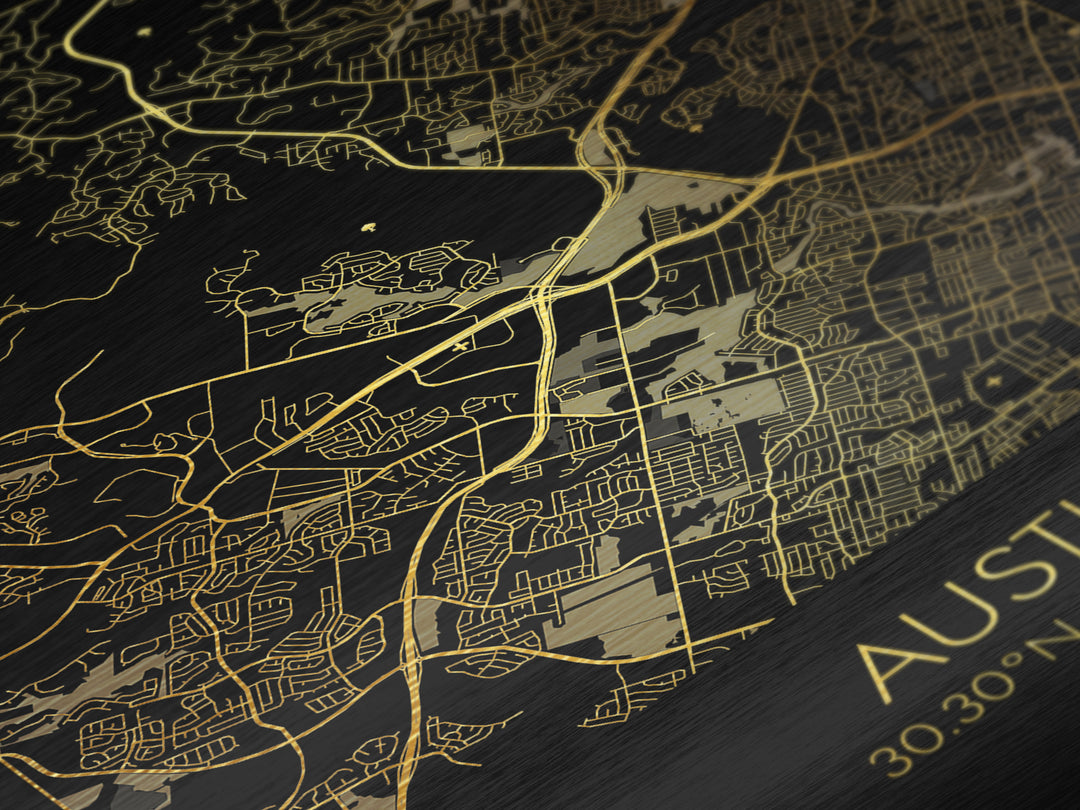 Austin Texas City Poster, Metallic Gold Art, Metal Art, real wood frames, black and gold, Street Map Art, Modern House Art