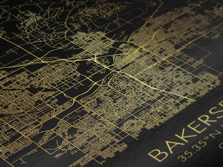 Bakersfield California City street map, Metallic Gold Print, Metal Art, wood framed map, black and gold, Map Art, Office Decor