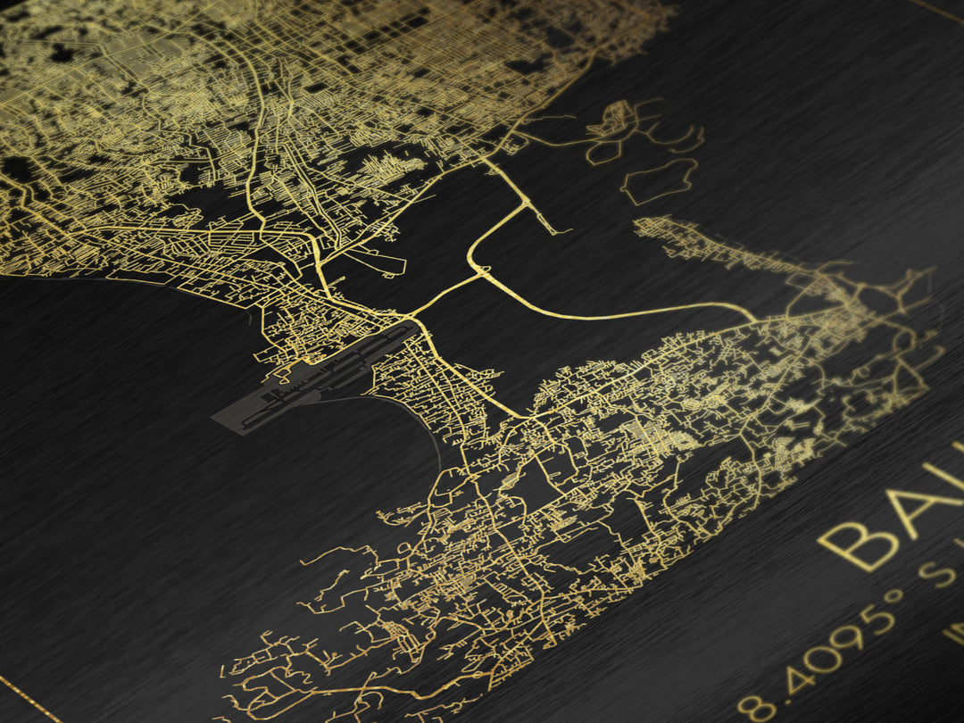 Bali Indonesia City Poster, Metallic Gold Art, Metal Art, real wood frames, black and gold, Map Art, Best Friend Gifts