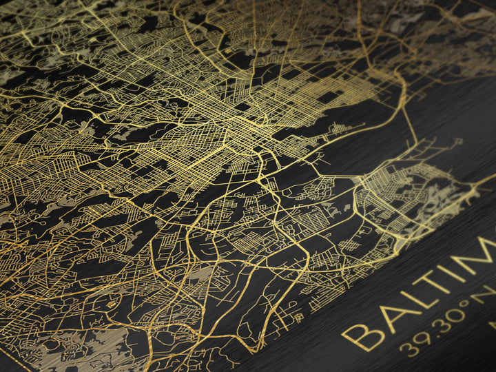 Baltimore Maryland City street map, Metallic Gold Print, Metal Art, wood framed map, black and gold, Gold Street Map Art, Modern Wall Art