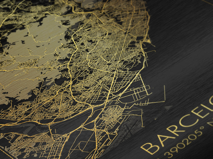 Barcelona Spain City street map, Metallic Gold Print, Metal Art, wood framed map, black and gold, Street Map Art, Office Decor