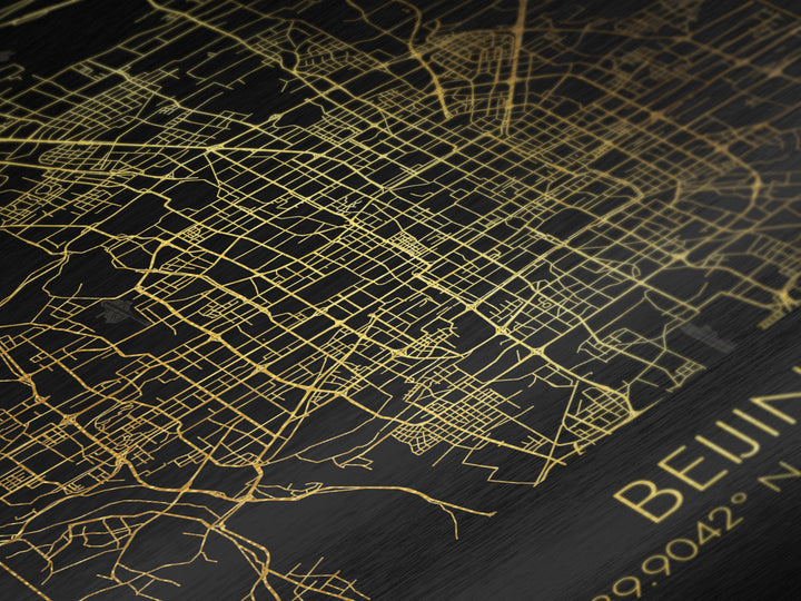 Beijing China City street map, Metallic Gold Print, Metal Art, wood framed map, black and gold, Gold Street Map Art, Modern Wall Art