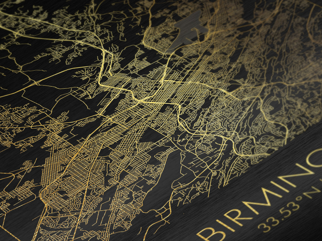 Birmingham Alabama City street map, Metallic Gold Print, Metal Art, wood framed map, black and gold, Map Art, Housewarming Gift
