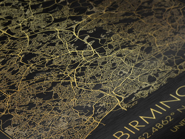 Birmingham United Kingdom City Poster, Metallic Gold Art, Metal Art, real wood frames, black and gold, Gold Street Map Art, Best Friend Gift