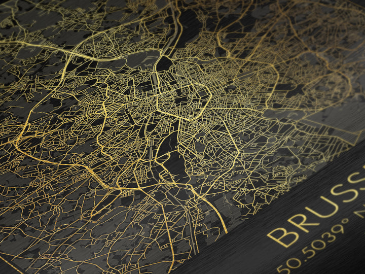 Brussels Belgium City Poster, Metallic Gold Art, Metal Art, real wood frames, black and gold, Map Art, Best Friend Gifts