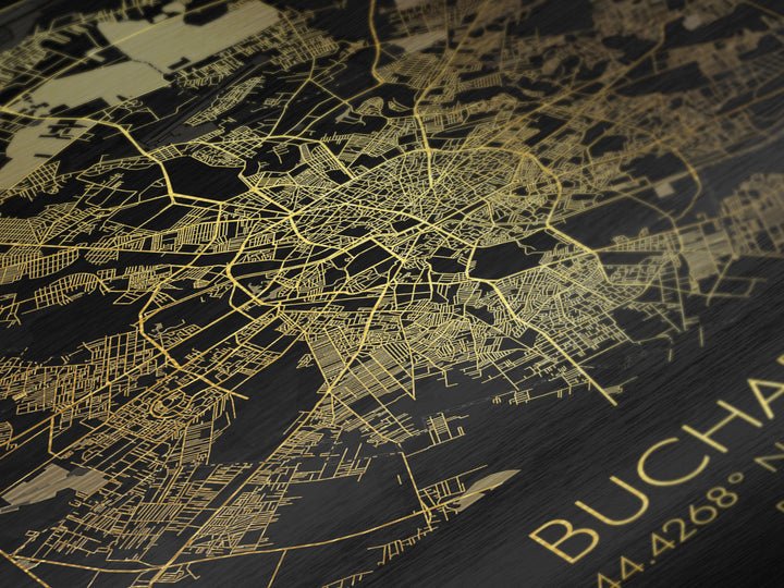 Bucharest Romania City street map, Metallic Gold Print, Metal Art, wood framed map, black and gold, Gold Street Map Art, Modern Wall Art