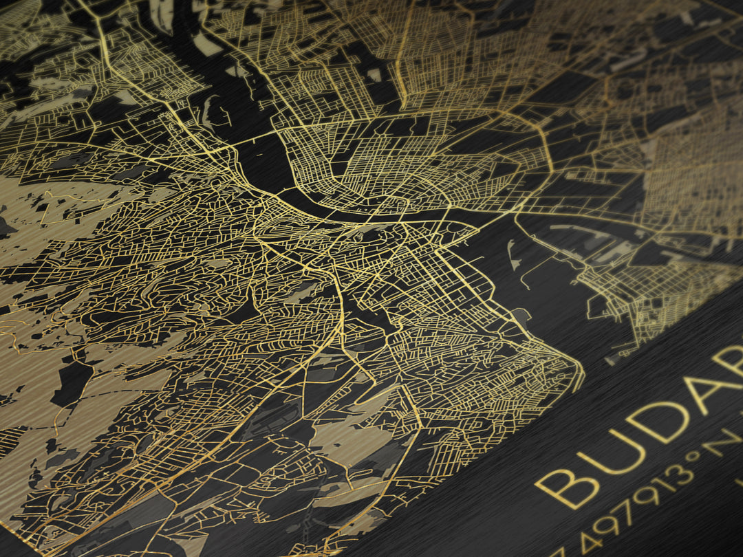 Budapest Hungary City Poster, Metallic Gold Art, Metal Art, real wood frames, black and gold, Minimalist Wall Art, Map Print Poster