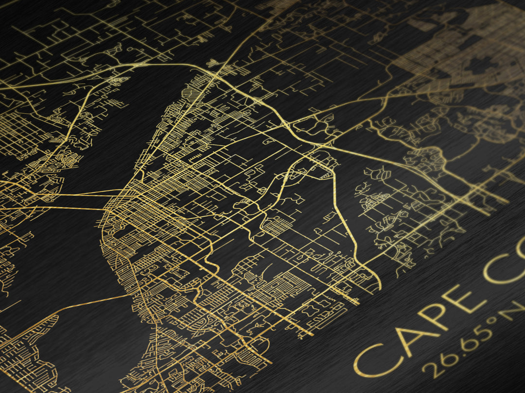 Cape Coral Florida City Poster, Metallic Gold Art, Metal Art, real wood frames, black and gold, Map Art, Best Friend Gifts