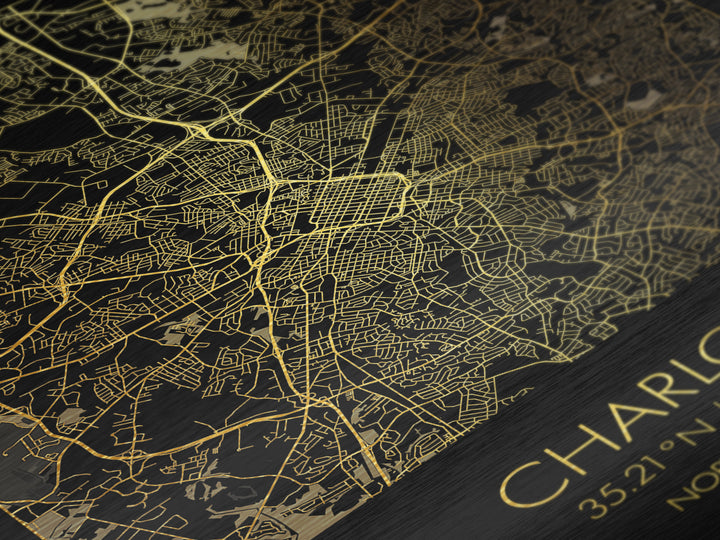 Charlotte North Carolina City Poster, Metallic Gold Art, Metal Art, real wood frames, black and gold, Minimalist Wall Art, Map Print Poster