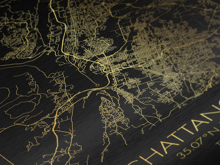 Chattanooga Tennessee City street map, Metallic Gold Print, Metal Art, wood framed map, black and gold, Street Map Art, Office Decor