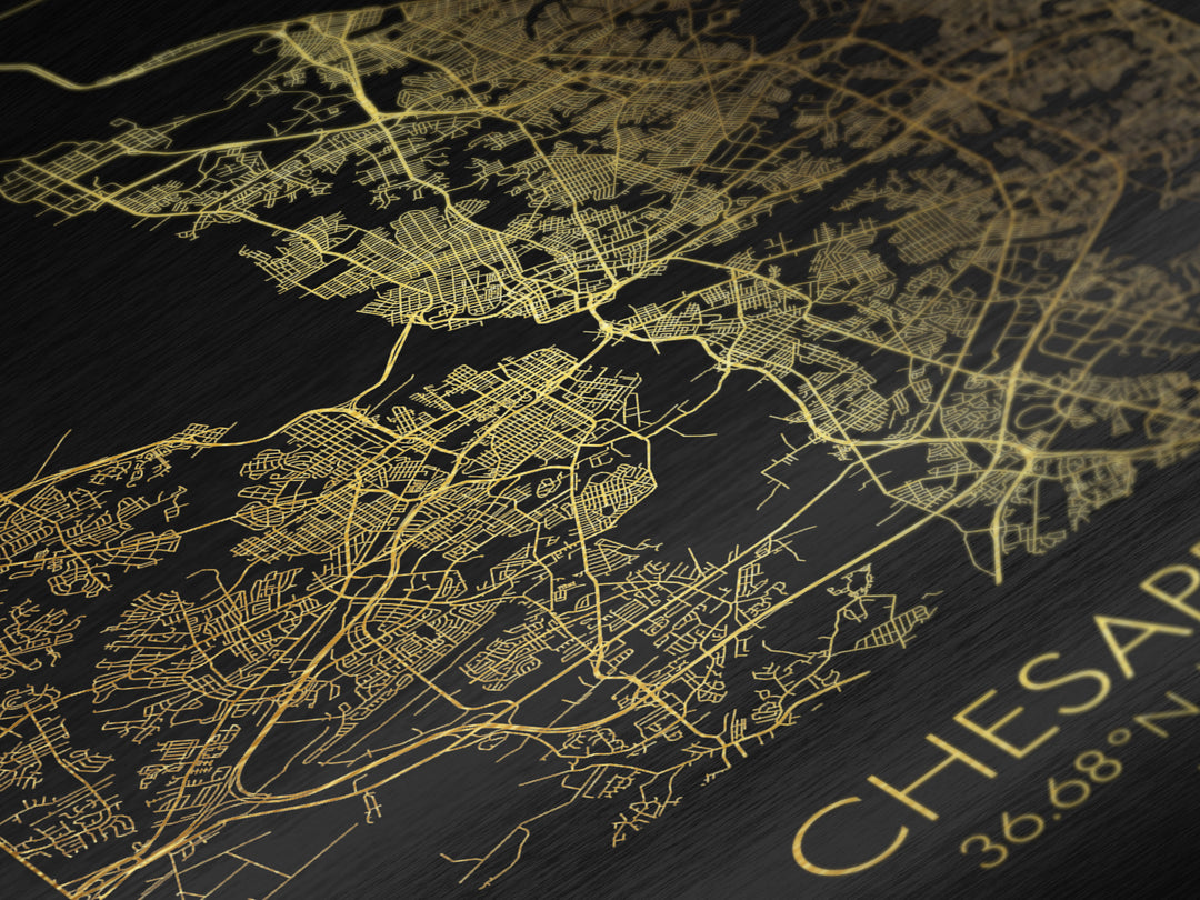 Chesapeake Virginia City Poster, Metallic Gold Art, Metal Art, real wood frames, black and gold, Map Art, Best Friend Gifts