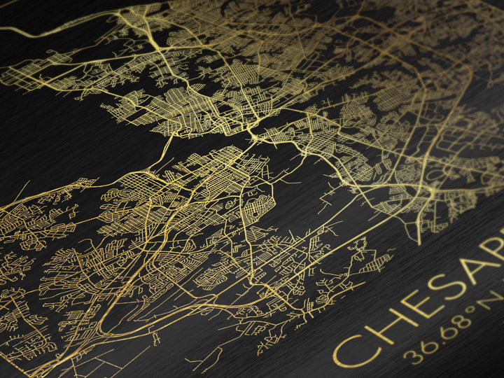 Chesapeake Virginia City Poster, Metallic Gold Art, Metal Art, real wood frames, black and gold, Map Art, Best Friend Gifts