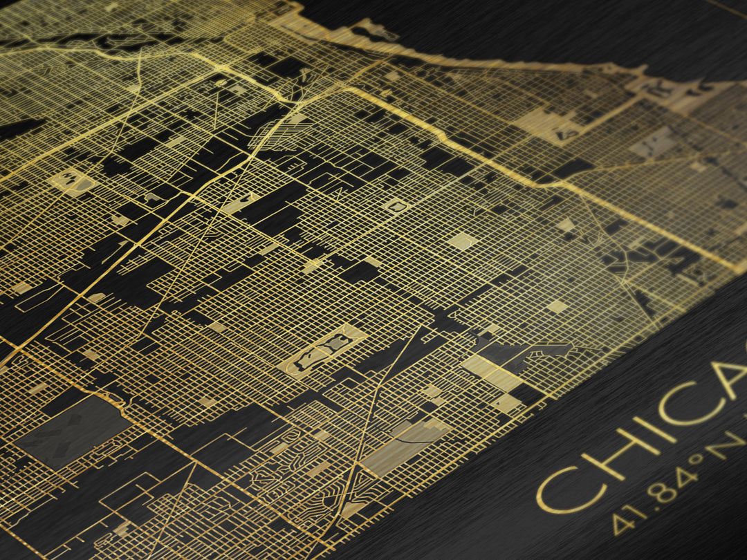 Chicago Illinois City street map, Metallic Gold Print, Metal Art, wood framed map, black and gold, Gold Street Map Art, Modern Wall Art