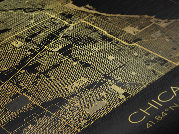 Chicago Illinois City street map, Metallic Gold Print, Metal Art, wood framed map, black and gold, Gold Street Map Art, Modern Wall Art
