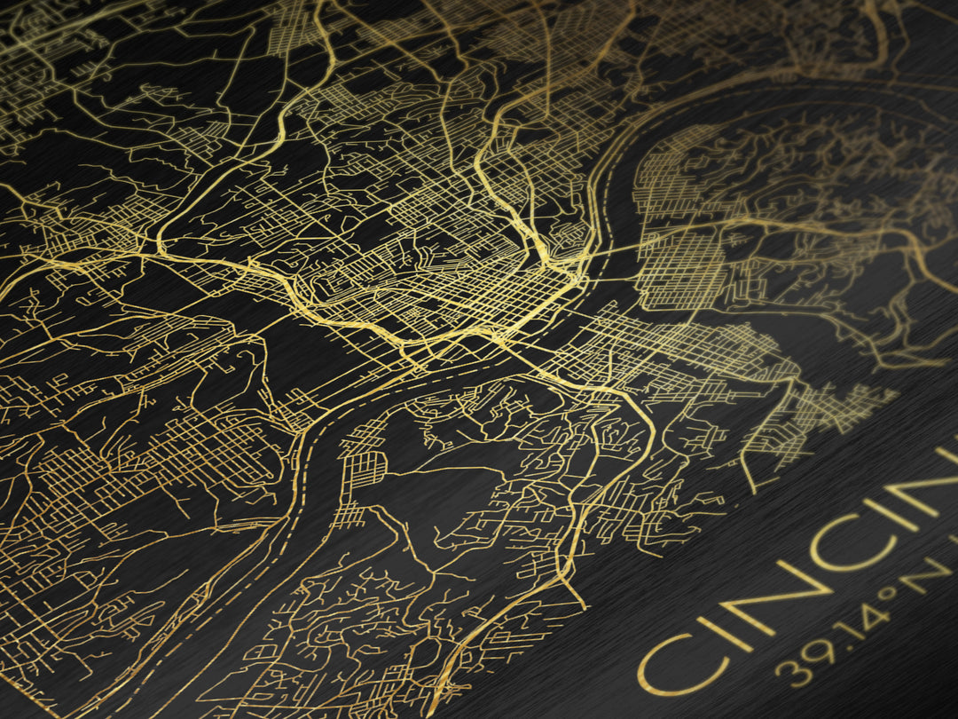 Cincinnati Ohio City street map, Metallic Gold Print, Metal Art, wood framed map, black and gold, Street Map Art, Office Decor