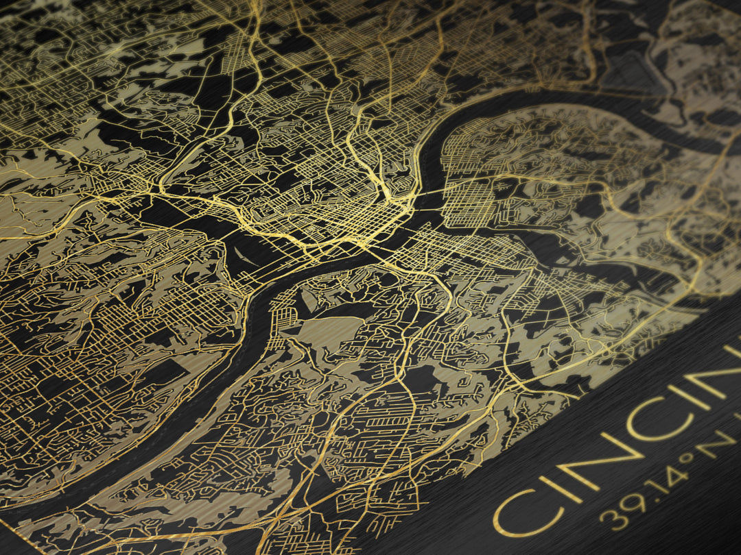 Cincinnati Ohio City Poster, Metallic Gold Art, Metal Art, real wood frames, black and gold, Map Art, Best Friend Gifts
