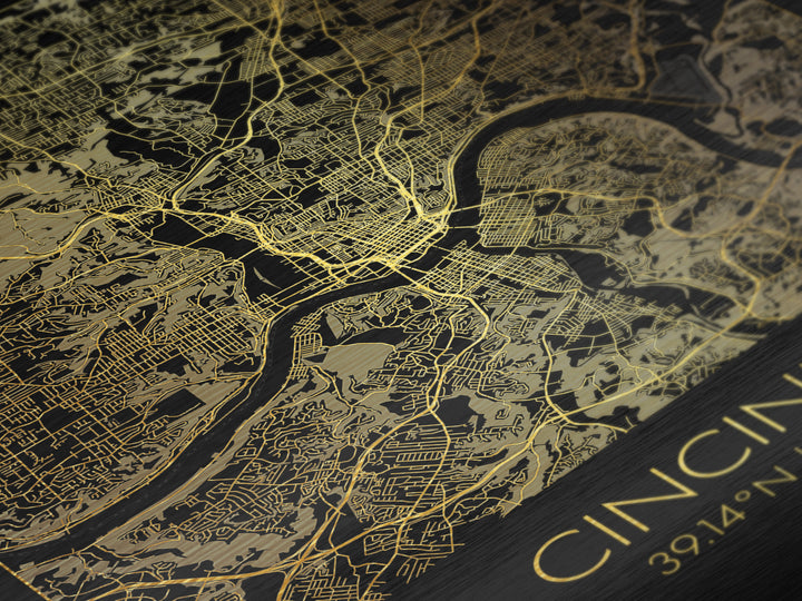 Cincinnati Ohio City Poster, Metallic Gold Art, Metal Art, real wood frames, black and gold, Map Art, Best Friend Gifts